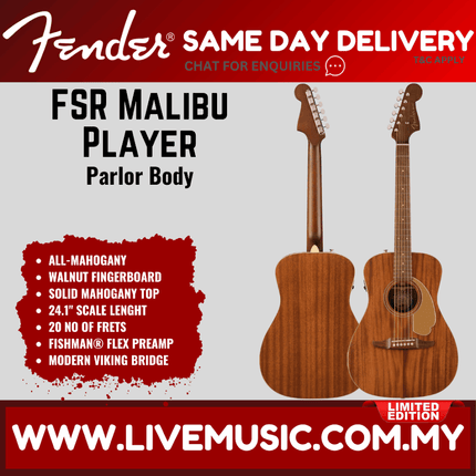 Fender FSR California Malibu Player Small-Bodied Acoustic Guitar, Walnut FB, All-Mahogany