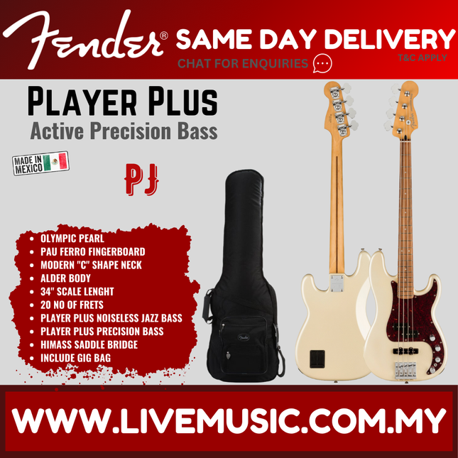 Fender Player Plus Precision Bass Guitar, Pau Ferro Fretboard - 3 Color Sunburst / Olympic Pearl