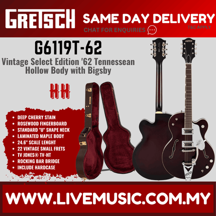 Gretsch G6119T-62 Vintage Select Edition '62 Tennessee Rose Hollow Body Guitar w/ Bigsby, Dark Cherry Stain