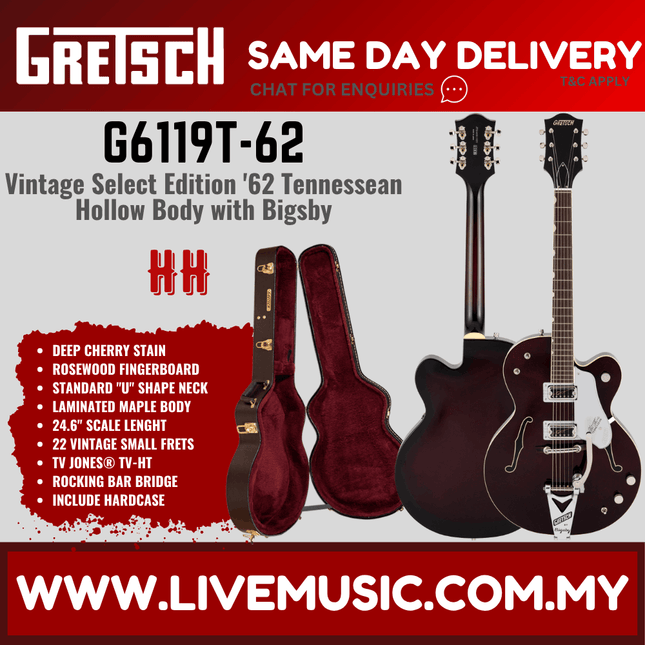 Gretsch G6119T-62 Vintage Select Edition '62 Tennessee Rose Hollow Body Guitar w/ Bigsby, Dark Cherry Stain