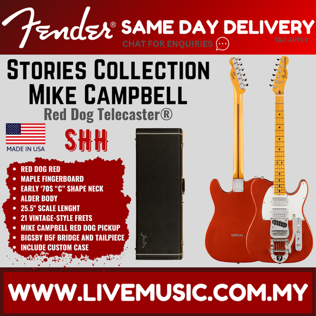 Fender Stories Collection Mike Campbell Red Dog Telecaster Electric Guitar, Maple FB, Red Dog Red