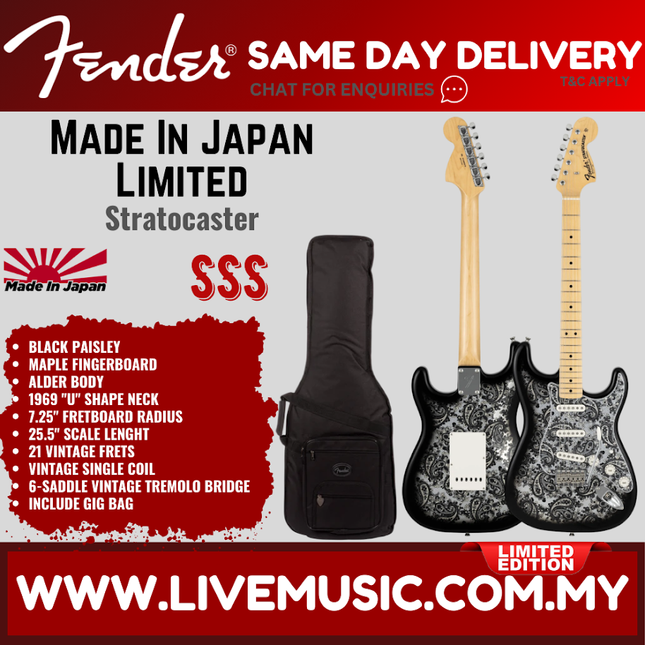 Fender MIJ Limited Stratocaster Electric Guitar, Maple FB, Black Paisley
