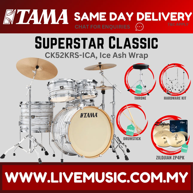 5-piece drum set with cymbals, light ash wrap, cream bass drum head