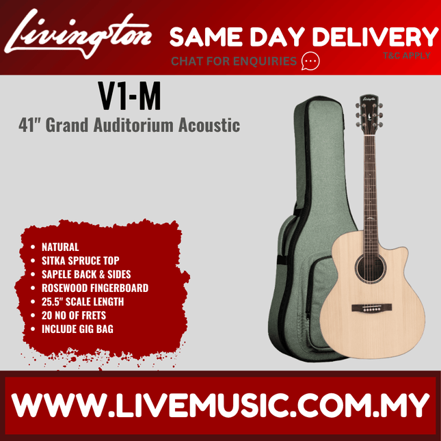 Livingston V1-M V1-MR GA Body 41" Solid Sitka Spruce Acoustic Guitar, Rosewood FB, Brown Sunburst / Natural ( V1MR V1M)