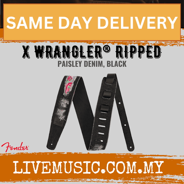 Black ripped paisley denim guitar strap with adjustable buckle ends