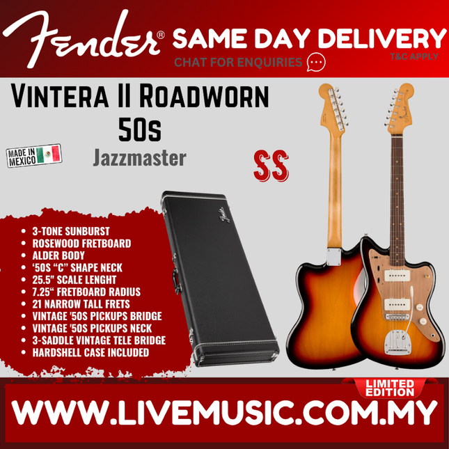 Fender Limited Edition Vintera II Roadworn 50s Jazzmaster Electric Guitar, RW FB, 3-Tone Sunburst