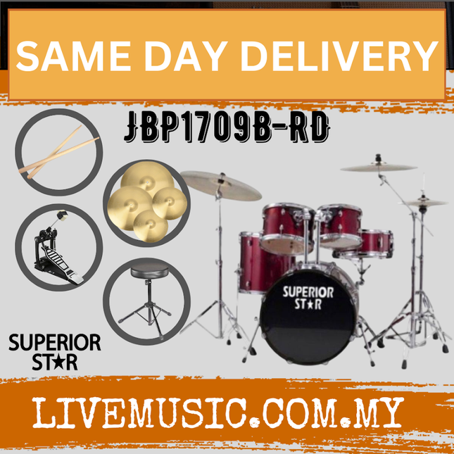 Superiorstar JBP1709B-RD03 5-Piece Drum Set with Cymbal Set - Red  ( JBP1709B )