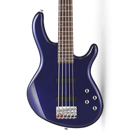Blue metallic 5-string bass guitar with jatoba fretboard, close front view