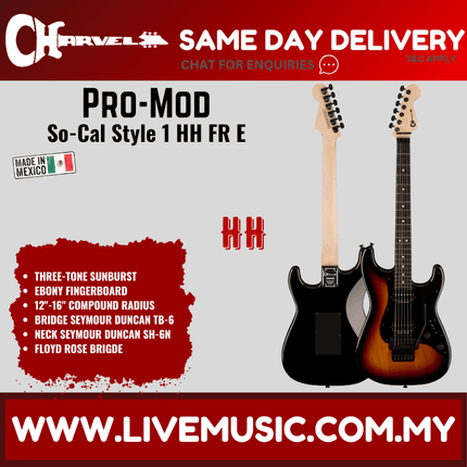 Charvel Pro-Mod So-Cal Style 1 HH FR E Electric Guitar, Ebony FB, 3-tone Sunburst