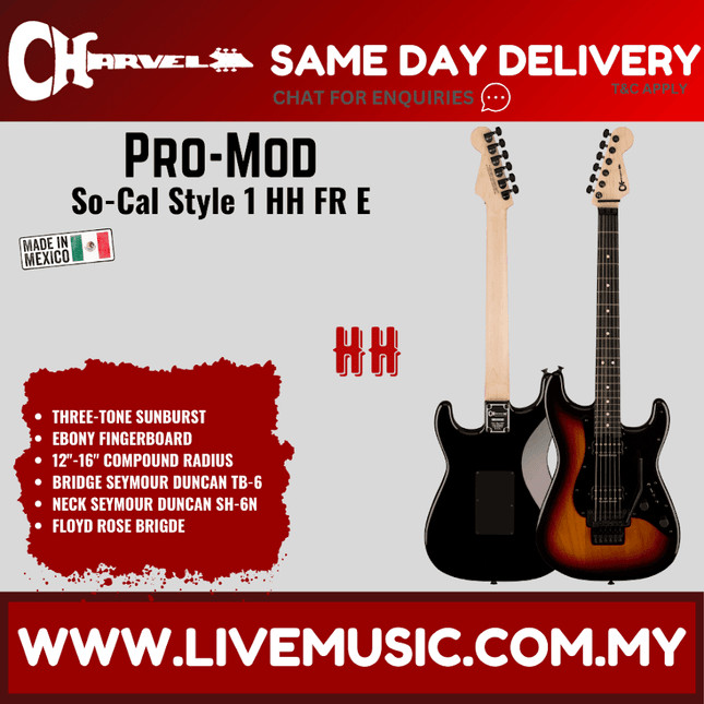 Charvel Pro-Mod So-Cal Style 1 HH FR E Electric Guitar, Ebony FB, 3-tone Sunburst