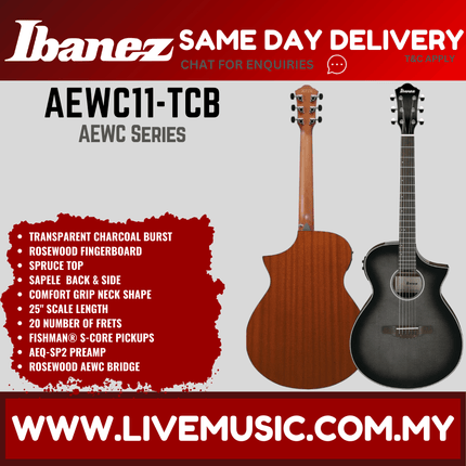 Ibanez acoustic-electric guitar with dark transparent charcoal burst finish, cutaway body