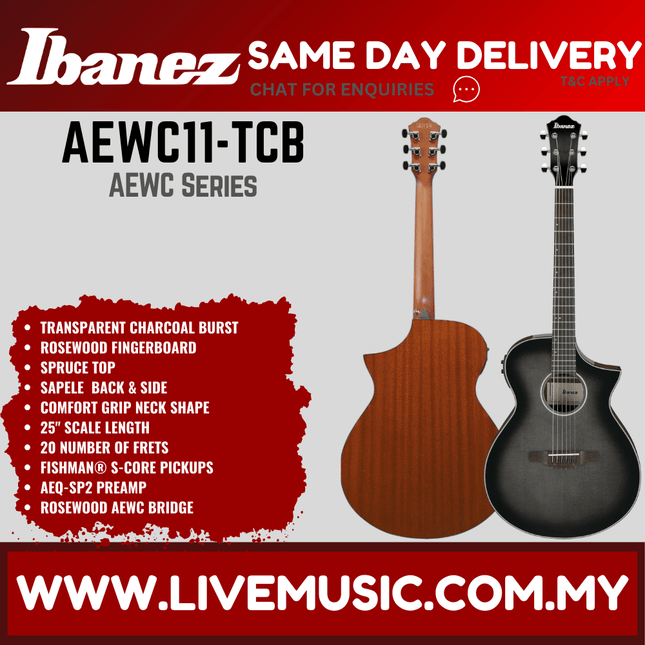 Ibanez AEWC11 Acoustic-Electric Guitar - Dark Violin Sunburst / Transparent Charcoal Burst ( AEWC 11 / AEWC-11 )
