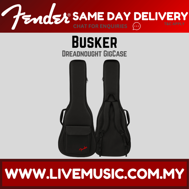 Black Fender Busker dreadnought gigcase with top handles and side straps, front and back view