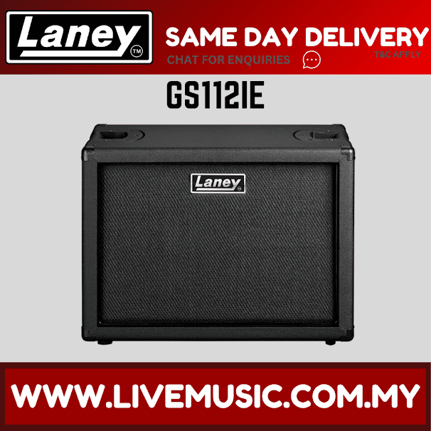 Black Laney guitar speaker cabinet with front grille and side carry handles