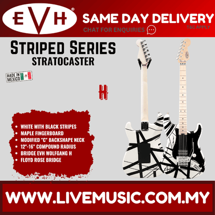 EVH Striped Series Stratocaster Electric Guitar, Maple FB, White w/Black Stripes