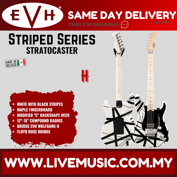 EVH Striped Series Stratocaster Electric Guitar, Maple FB, White w/Black Stripes
