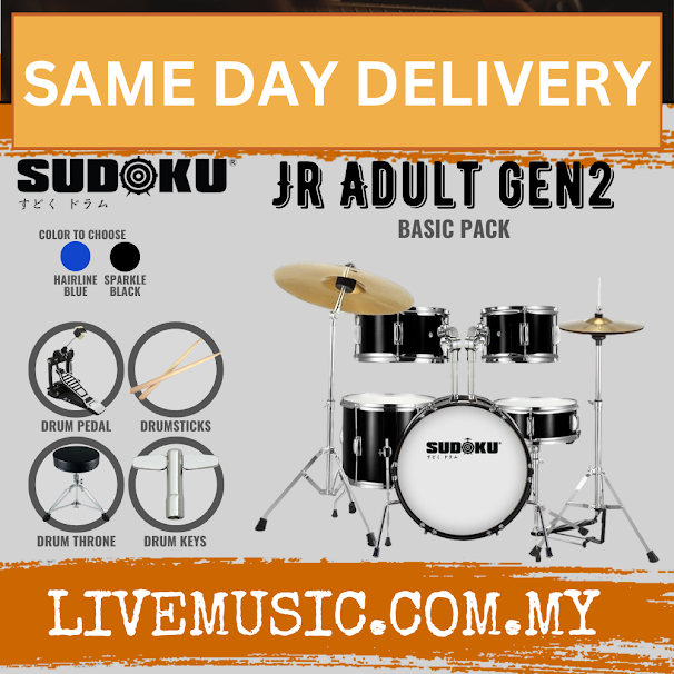 Sudoku Jr Adult Gen2 Junior Acoustic Drum Set Kit with Cymbals, Single Pedal & Accessories - Blue/Black (JRADULT)