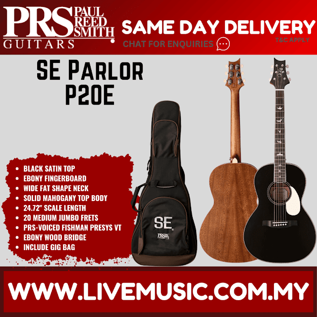 PRS SE Parlor P20E Acoustic Guitar w/Bag, Black Satin Top