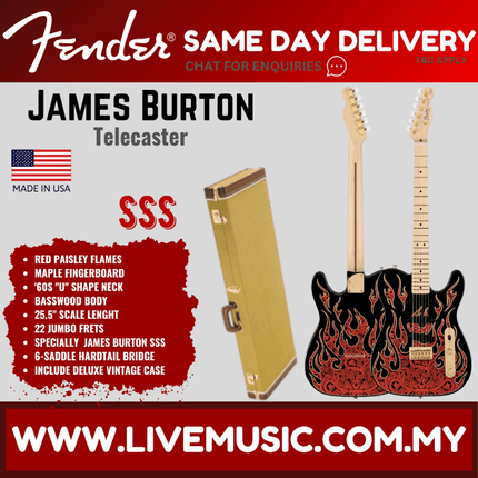 Fender James Burton Telecaster Electric Guitar Maple Fretboard with Deluxe Hardshell Case - Red Paisley Flames
