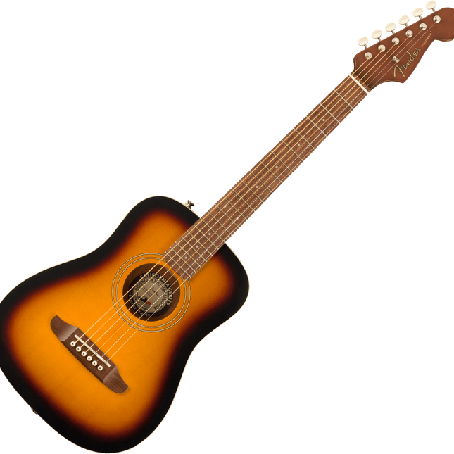 Sunburst small-body acoustic guitar with dark pickguard and wooden neck, angled.