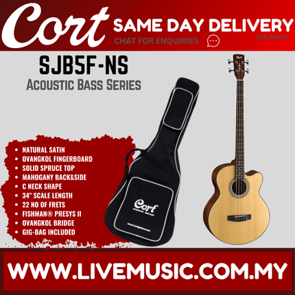Cort SJB5F - Acoustic-Electric Bass Guitar Rosewood Fretboard with Gig Bag - Natural Satin (SJB 5F/SJB-5F)