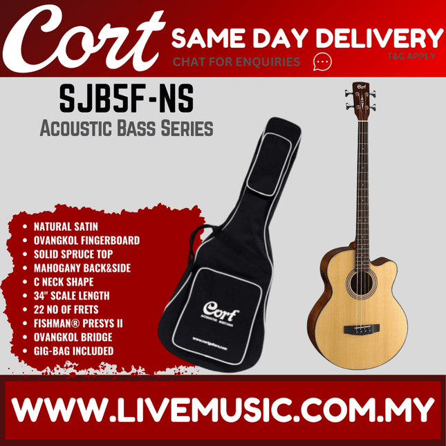Cort SJB5F - Acoustic-Electric Bass Guitar Rosewood Fretboard with Gig Bag - Natural Satin (SJB 5F/SJB-5F)