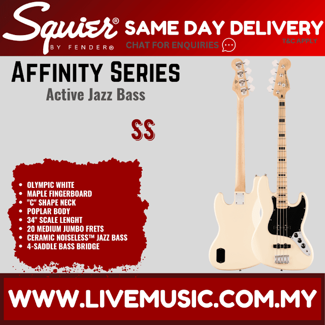 Squier Affinity Series Active Jazz Bass Guitar, Maple FB, Olympic White