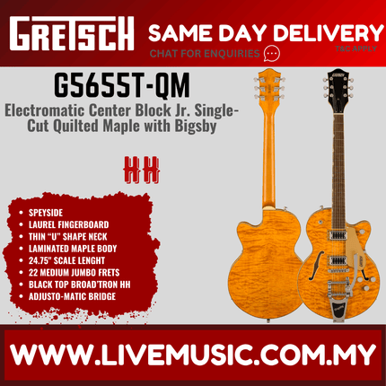 Maple quilt single-cut electric guitar with Bigsby, center-block humbuckers, maple neck