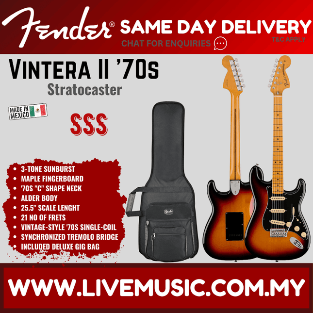 Fender Vintera II 70s Stratocaster Electric Guitar, Maple FB, 3-Tone Sunburst