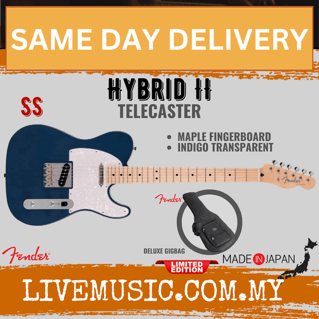 Fender Japan Hybrid II Telecaster Electric Guitar, Maple Fretboard - Indigo Transparent