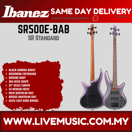 Glossy 4-string electric bass guitar, black and purple finishes, front view.