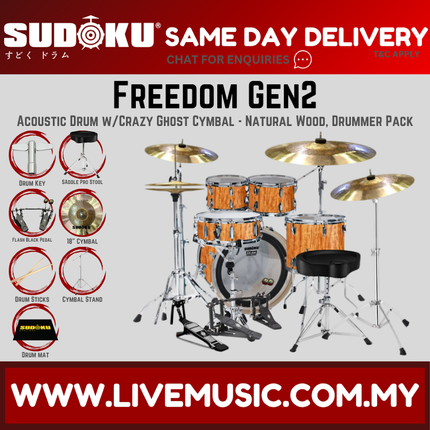 Sudoku Freedom Gen2 Acoustic Drum Set w/Ghost Cymbals, Throne, Pedal - Drummer Pack