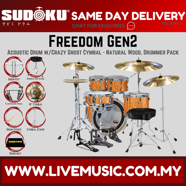 Sudoku Freedom Gen2 Acoustic Drum Set w/Ghost Cymbals, Throne, Pedal - Drummer Pack