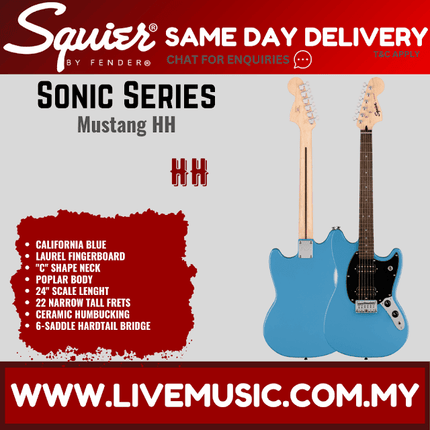 Squier Sonic Mustang HH Electric Guitar w/Black Pickguard, Laurel FB, California Blue