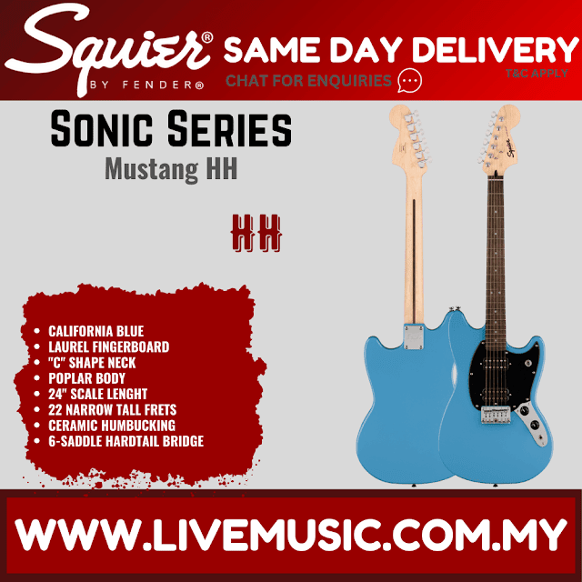 Squier Sonic Mustang HH Electric Guitar w/Black Pickguard, Laurel FB, California Blue
