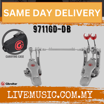 Double bass drum direct drive pedal with gray carrying case and red accents