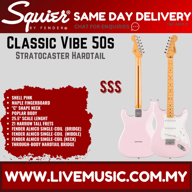 Squier Classic Vibe 50s Stratocaster Hardtail Electric Guitar, Maple FB, Shell Pink