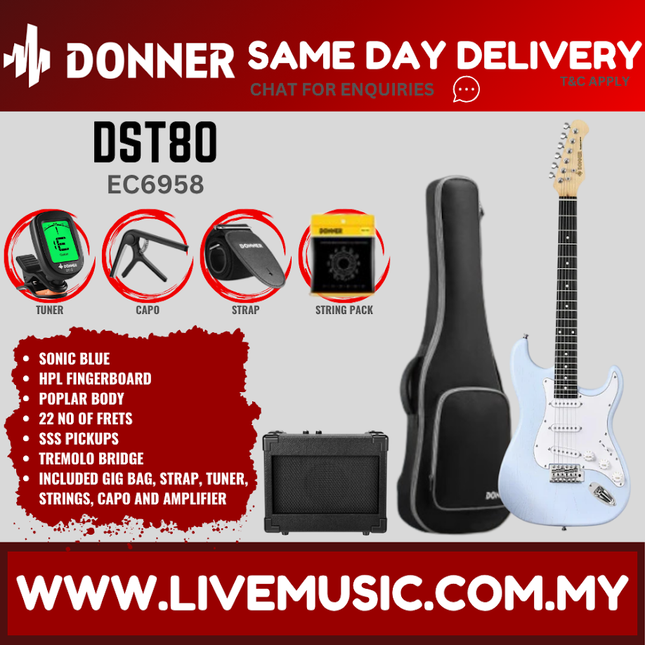 Donner EC6958 DST-80 Electric Guitar w/Gigbag, HPL Fingerboard, Sonic Blue ( DST80 / DST 80 )