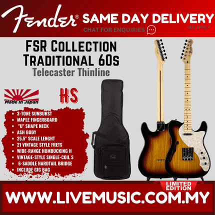 Fender FSR Collection Traditional 60s Telecaster Thinline Electric Guitar, Maple FB, 3-Tone Sunburst