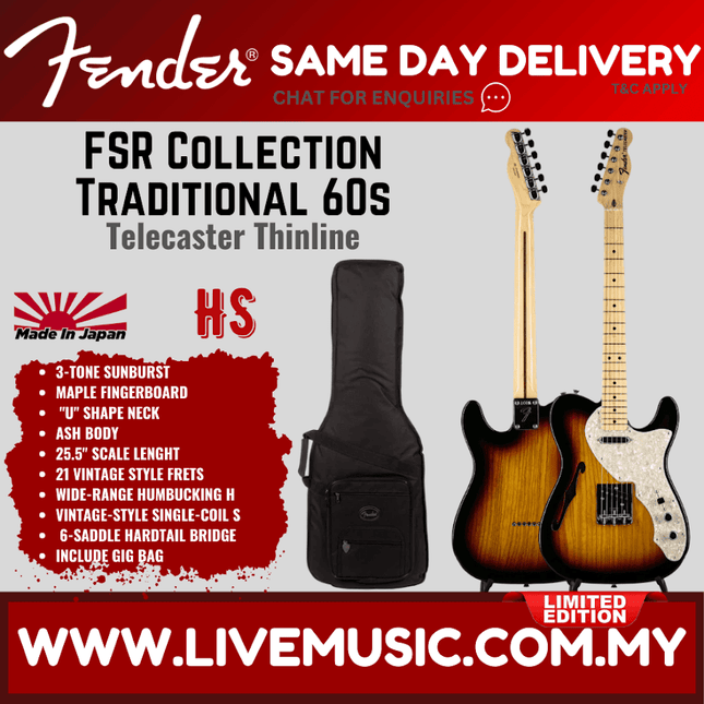 Fender FSR Collection Traditional 60s Telecaster Thinline Electric Guitar, Maple FB, 3-Tone Sunburst