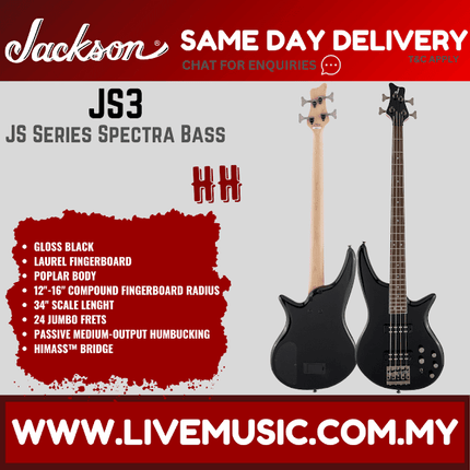 Jackson JS Series Spectra JS3 Bass Guitar, Laurel Fretboard - Gloss Black (JS-3/JS 3)