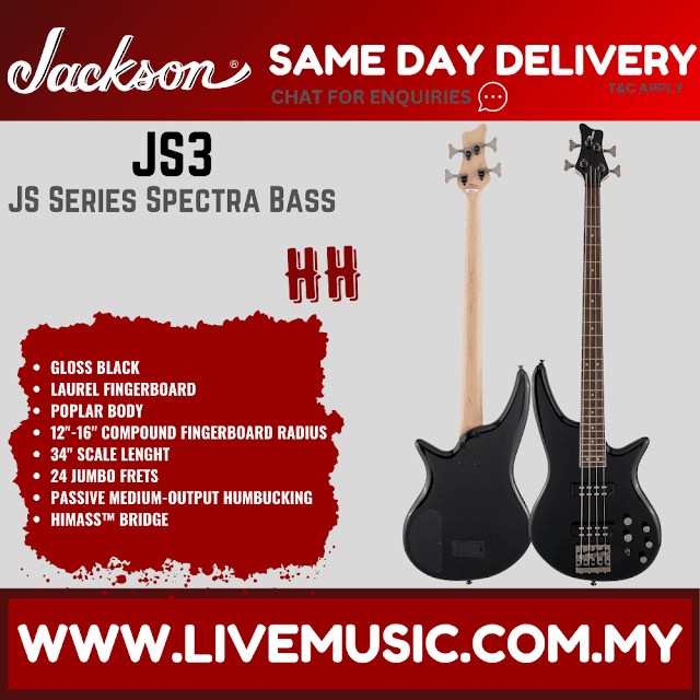 Jackson JS Series Spectra JS3 Bass Guitar, Laurel Fretboard - Gloss Black (JS-3/JS 3)