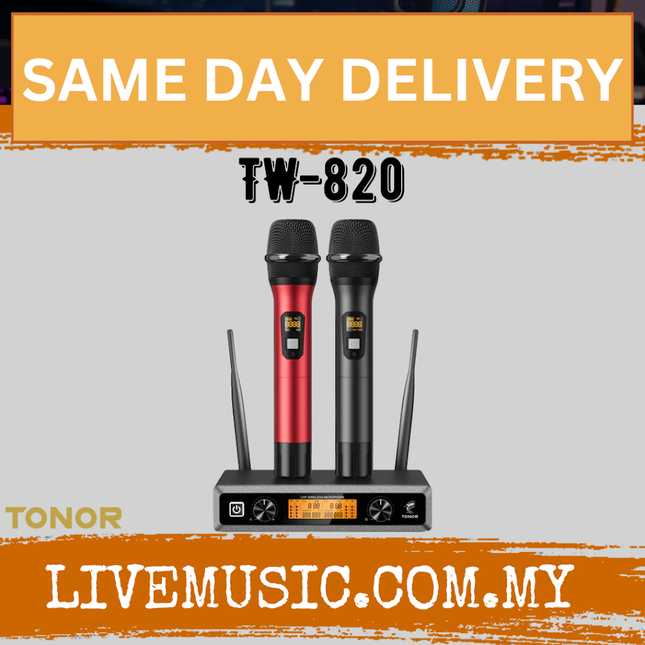 Dual wireless microphone set with one red and one black handheld mic and base