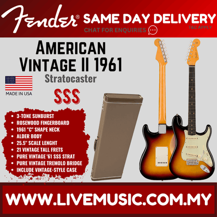Fender American Vintage II 61 Stratocaster Electric Guitar, RW FB, 3-Tone Sunburst
