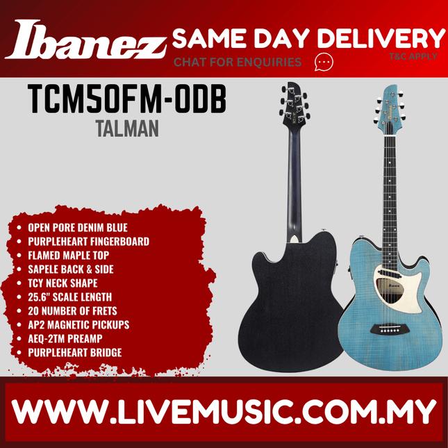Ibanez TCM50FM-ODB Talman Series Acoustic Electric Guitar, Open Pore Denim Blue ( TCM50FM ODB / TCM50FMODB )