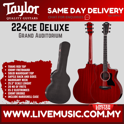 Taylor 224ce Deluxe Grand Auditorium Acoustic Guitar, Trans Red Top