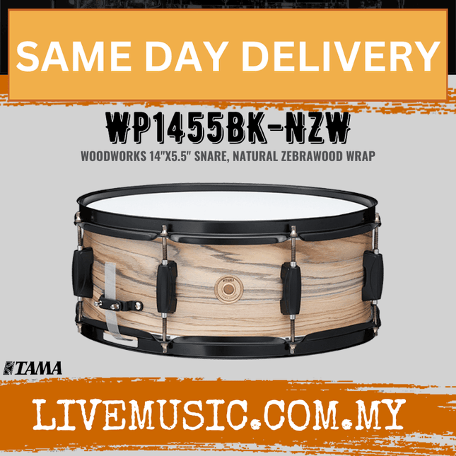 Tama WP1455BK-BOW Woodworks 14"x5.5" Snare Drum - Natural Zebrawood Wrap (WP1455BK NZW/WP1455BKNZW)