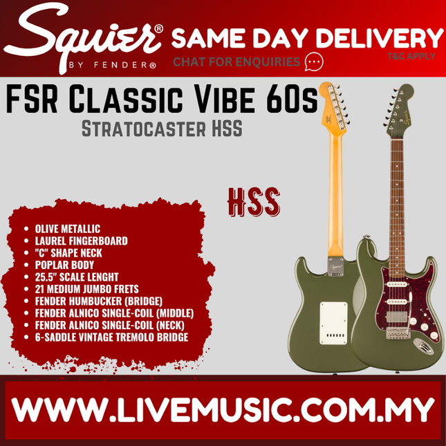 Squier FSR Classic Vibe 60s Stratocaster HSS Electric Guitar, Laurel FB, Olive Metallic