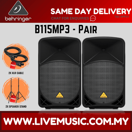 Behringer Eurolive B115MP3 1000W 15"Powered Speaker w/Wireless Mic,Speaker Stand & Cable - Each/Pair (B-115MP3 B 115MP3)
