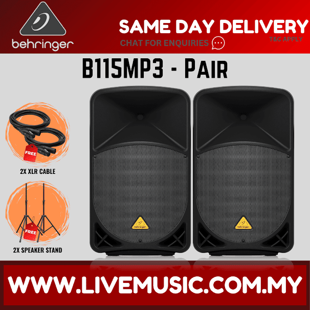 Behringer Eurolive B115MP3 1000W 15"Powered Speaker w/Wireless Mic,Speaker Stand & Cable - Each/Pair (B-115MP3 B 115MP3)